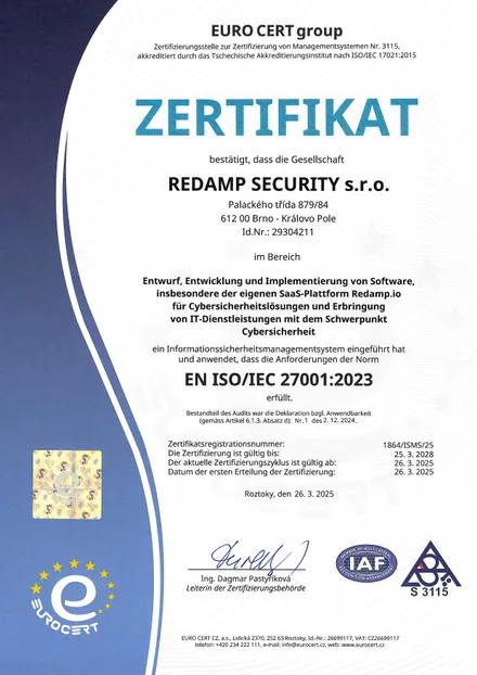 EN ISO/IEC 27001:2023-Zertifikat der REDAMP SECURITY s.r.o.