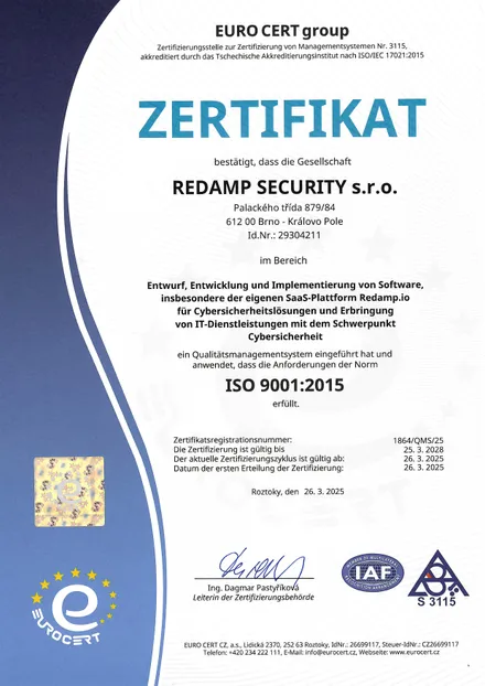 ISO 9001:2015-Zertifikat der REDAMP SECURITY s.r.o.